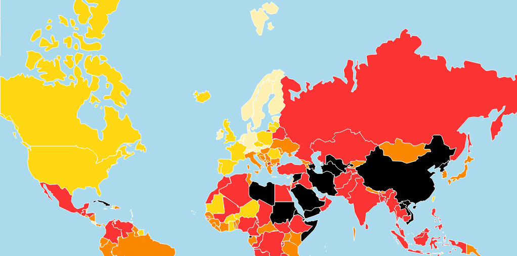 2016 World Press Freedom Index: countries in black ranked lowest on the list