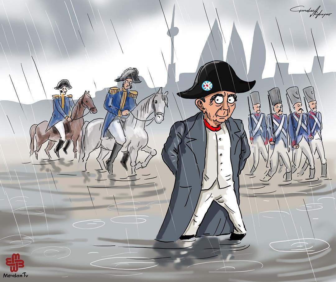A caricature depicting the mayor of Baku, Hajibala Abutalibov, as Napoleon retreating from Baku (Gunduz Aghayev)