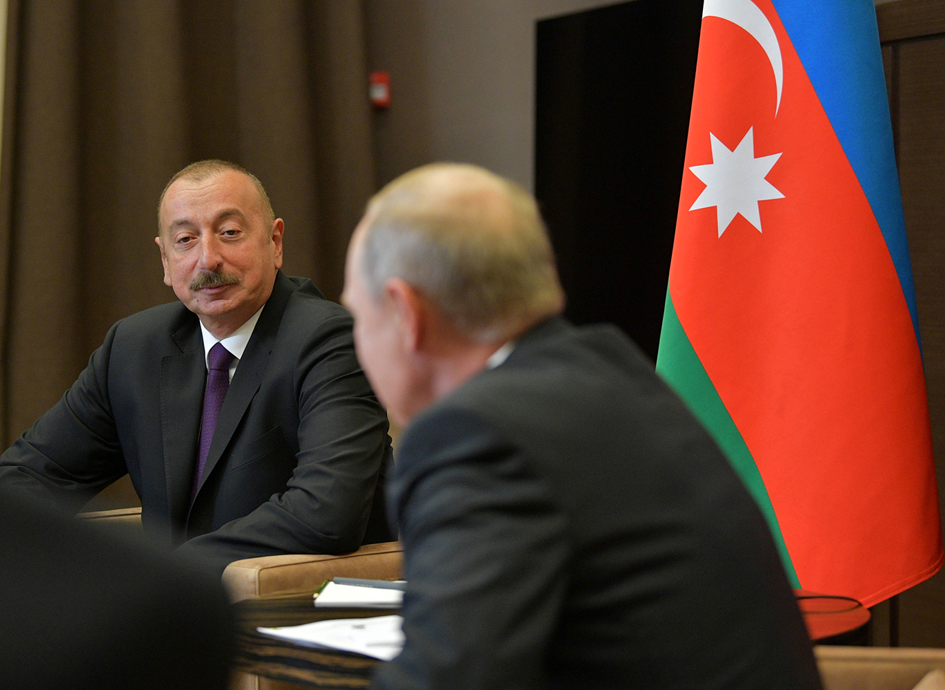 Azeri President Ilham Aliyev looks on during a meeting with Russian President Vladimir Putin in the Black Sea resort of Sochi, Russia September 1, 2018. Sputnik/Alexei Druzhinin/Kremlin via REUTERS