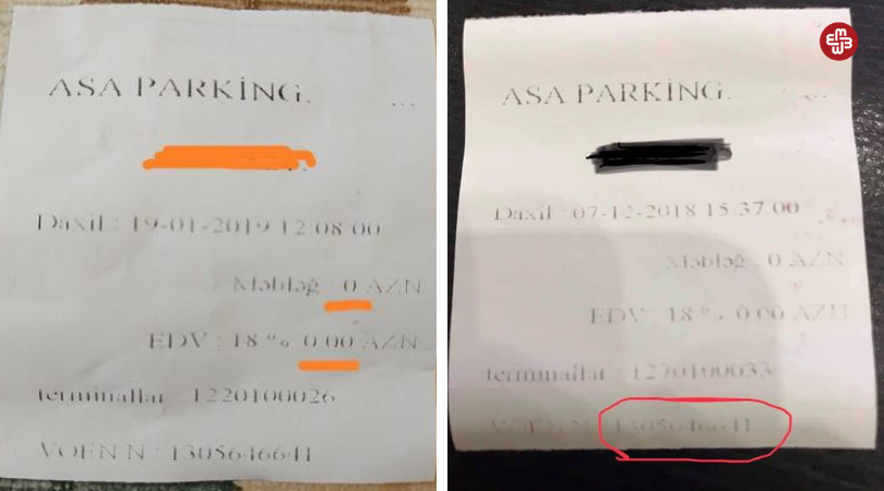 Bakıdakı parkinqlərdə bəzi hallarda sürücülərə verilən qəbzlər