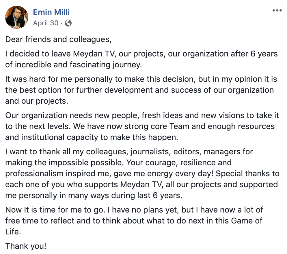 Emin Milli Facebook Post 30 April
