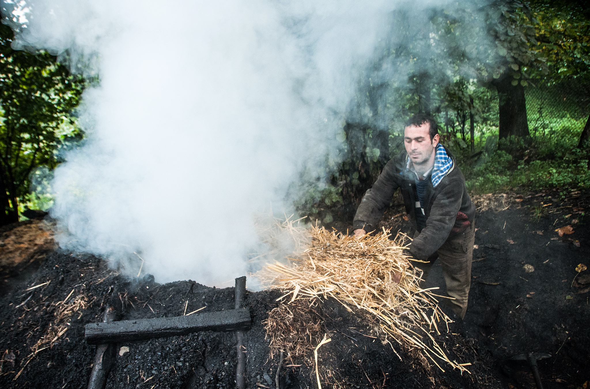 Közərərək yanan odunların üstünə saman doldurmaq lazım gəlir ki, odunlar kömürə çevrilsin