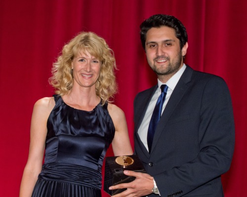 Oscar®-nominated actress Laura Dern (left) and Elmar Imanov, winner of the bronze medal in the foreign student film category for “The Swing of the Coffin Maker,” during the 39th Annual Student Academy Awards® on Saturday, June 9, in Beverly Hills.