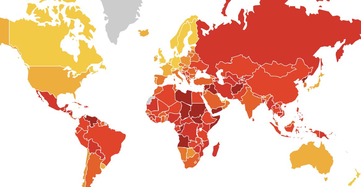 Perceived corruption around the world, from yellow (less) to red (more)