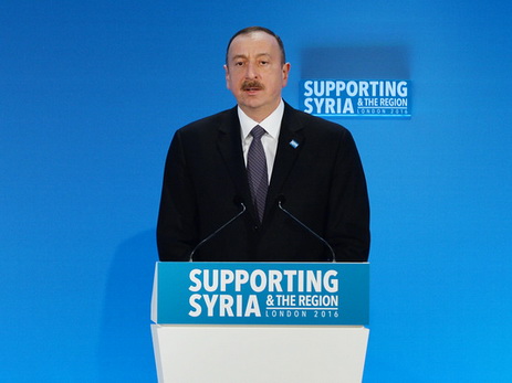 President Ilham Aliyev speaks at the Supporting Syria conference in London in 2016