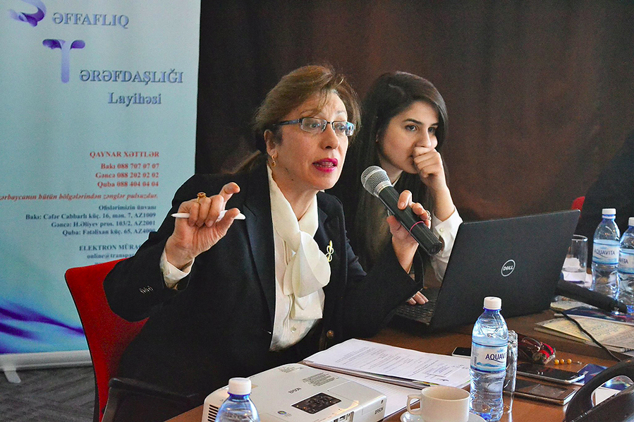Rena Safaralieva (left), Executive Director of Transparency Azerbaijan, the Azeri chapter of Transparency International, speaks at an event in April 2017