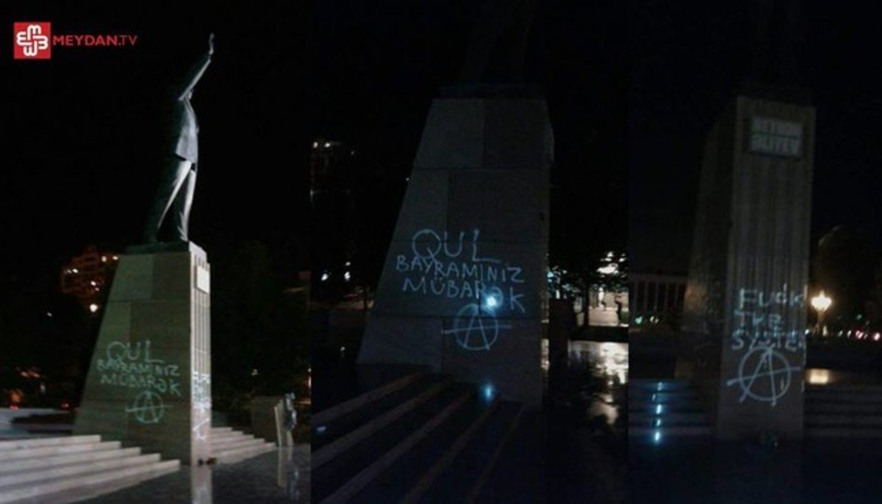 В ночь на 10 мая 2016 года молодые активисты написали на постаменте памятника Гейдару Алиеву «С праздником рабов!»