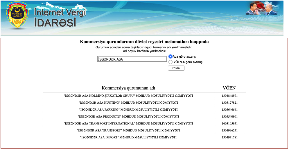 Vergilər Nazirliyinin kommersiya qurumlarının dövlət reyestri məlumatları bazası