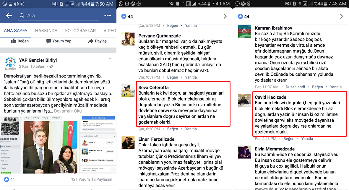 YAP Gənclər Birliyi səhifəsində ayrı hesablar eyni fikirli şərhlər yazır
