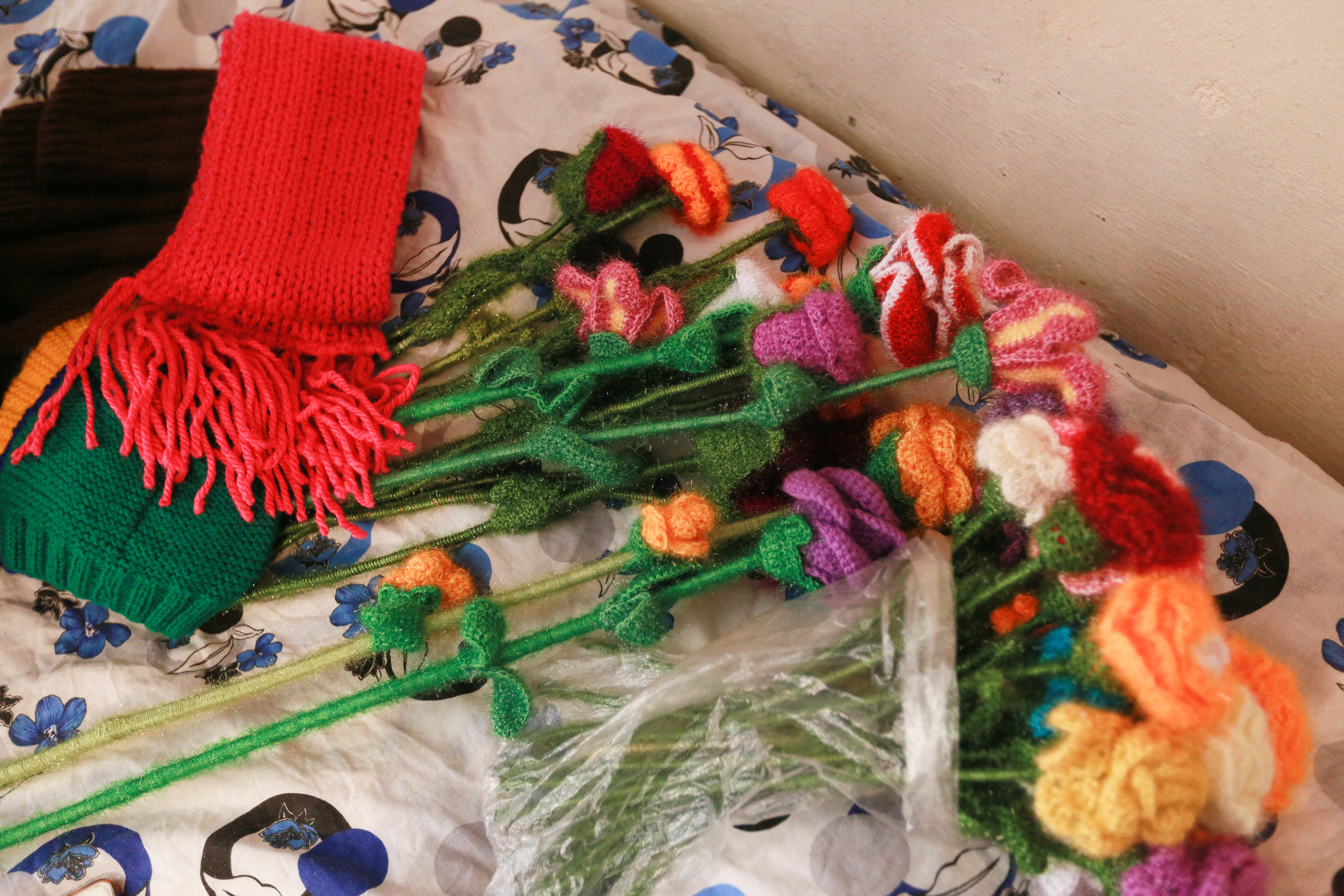Elchin knits about 2 - 3 flowers per day