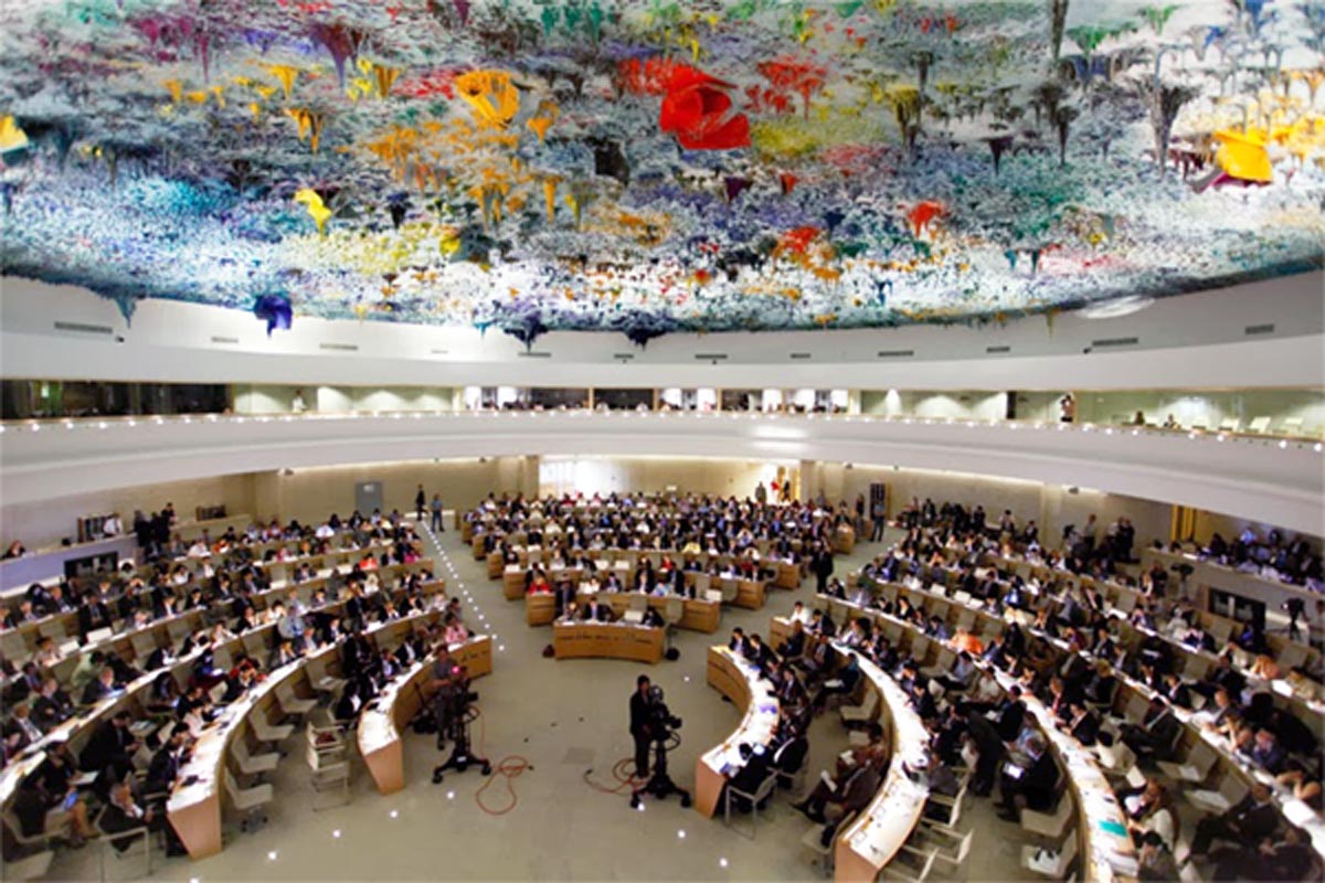 The UN Human Rights Committee meets in the Human Rights and Alliance of Civilizations Room in the Palace of Nations in Geneva.