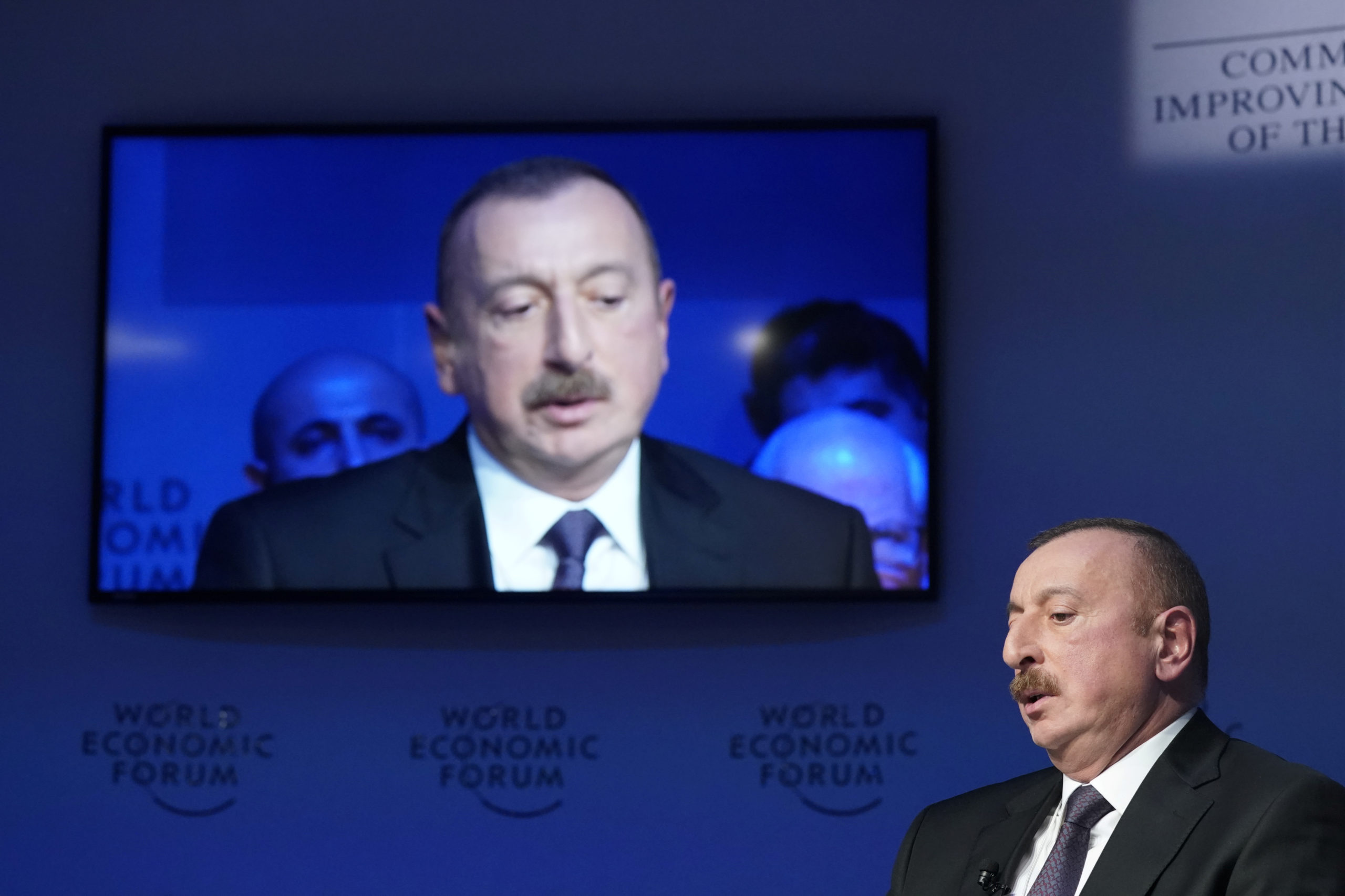 Ilham Aliyev speaks during the World Economic Forum annual meeting in Davos, Switzerland, 23 January 2018