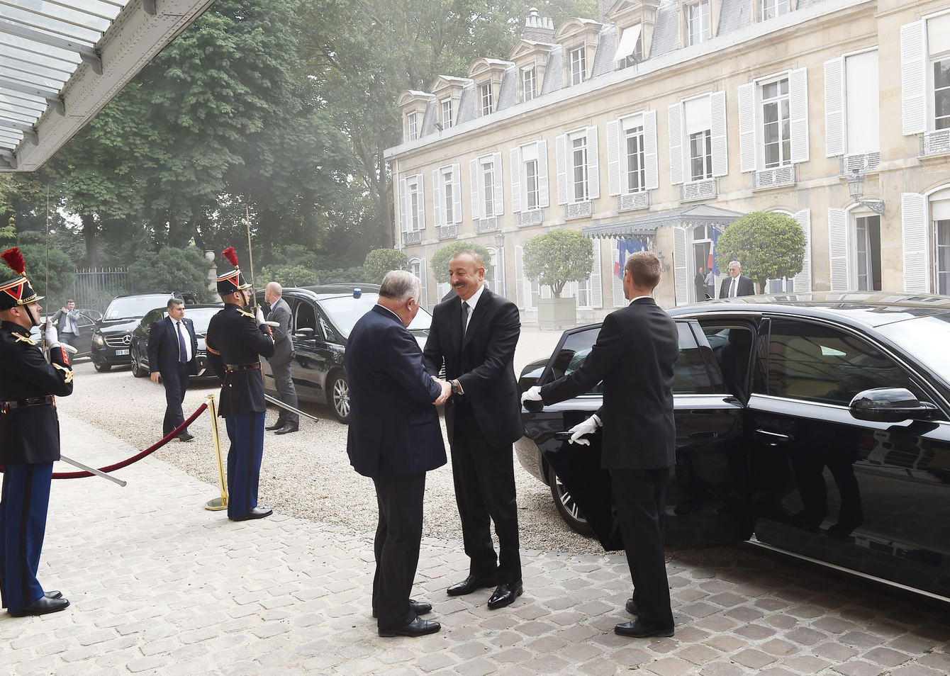 President Ilham Aliyev met by the President of the Senate, Gérard Larcher, in front of the Senate building in Paris, France