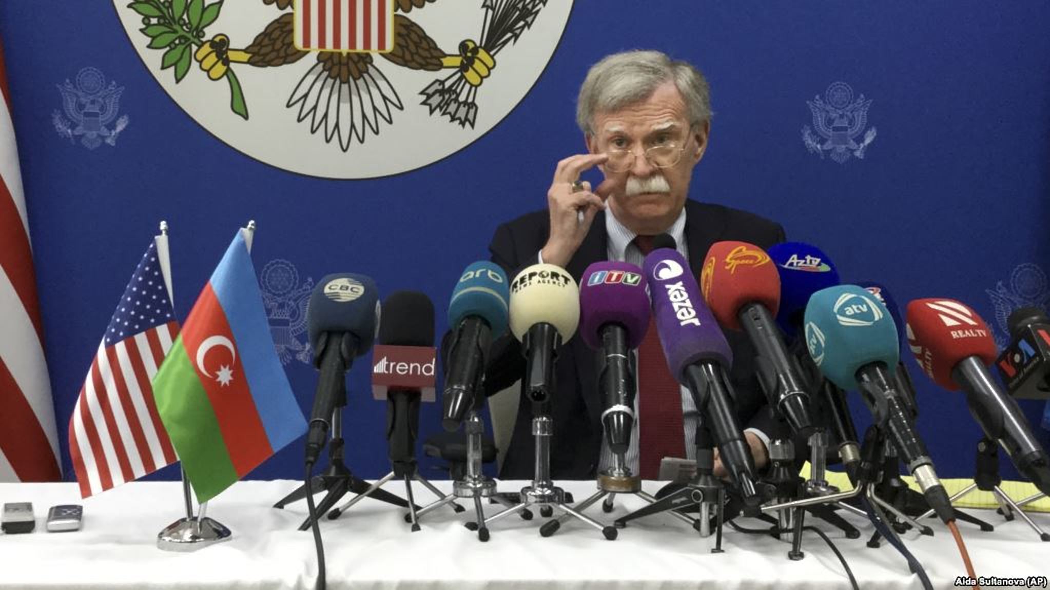 U.S. national-security adviser John Bolton speaks to the media after his talks with Azerbaijani President Ilham Aliyev in Baku on October 24.