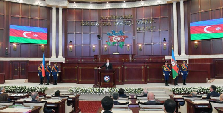 Ilham Aliyev is sworn in as president in the Milli Mejlis in Bakuon 14 February, 2024., Source: president.az