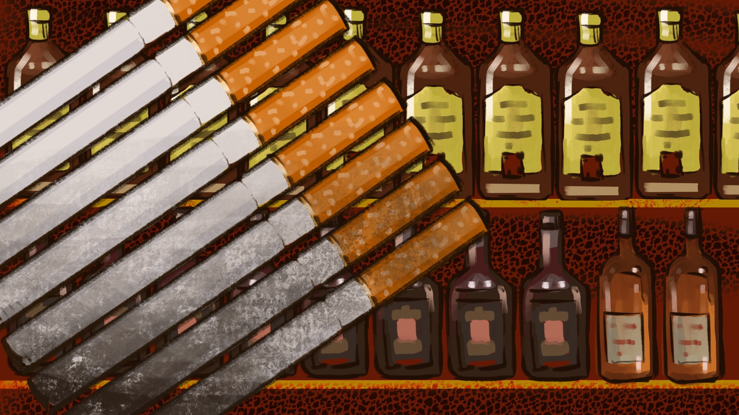 An illustrator's depiction of cigarettes and alcohol.
