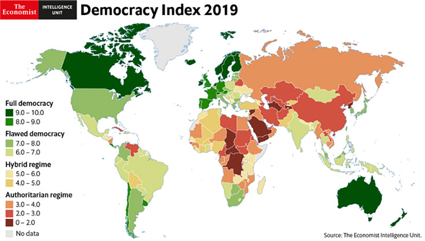 EIU's Democracy Index Map for 2019. Azerbaijan is ranked 147.