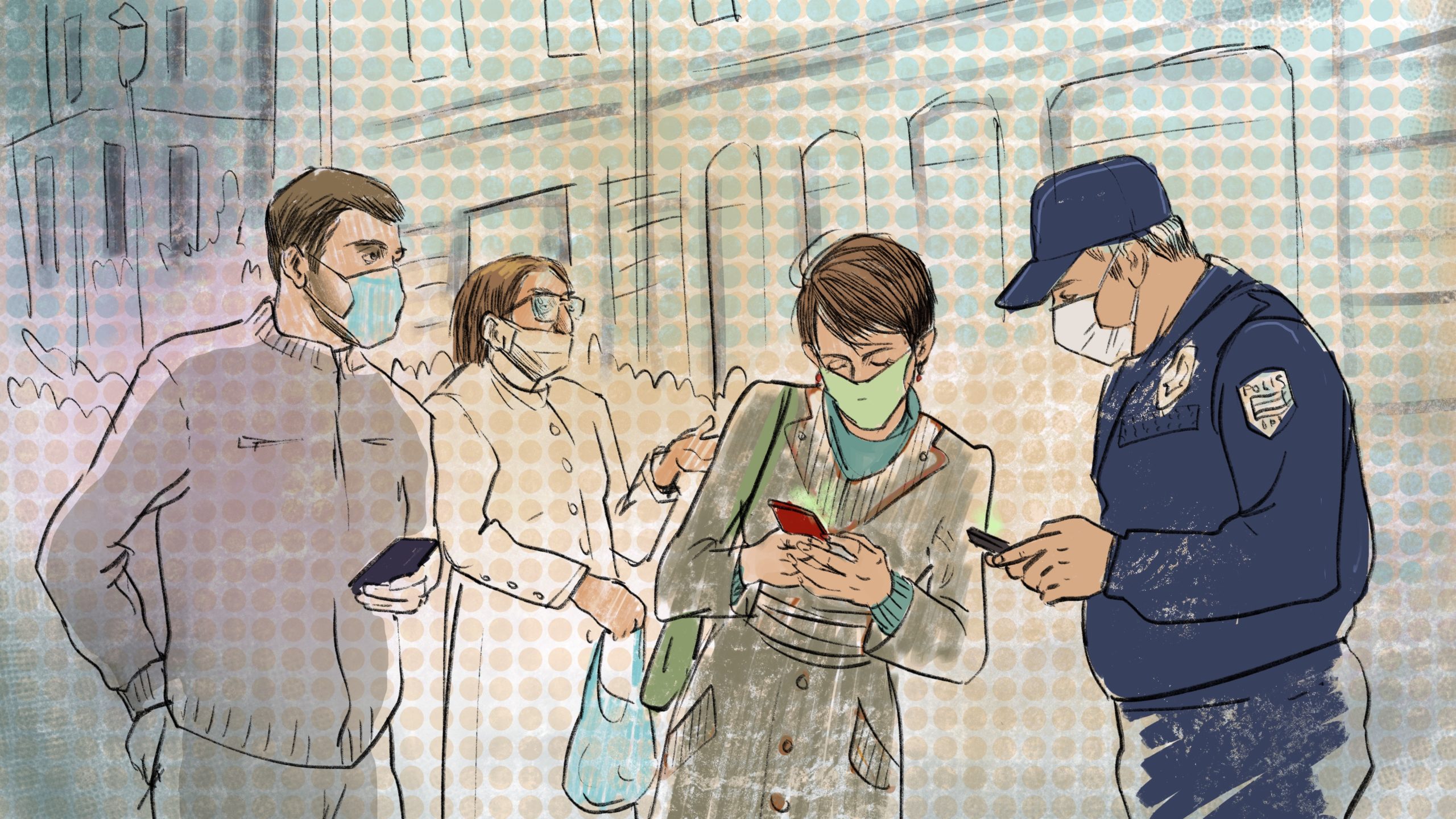 An artist's interpretation of police officers checking SMS permissions of citizens in Baku.
