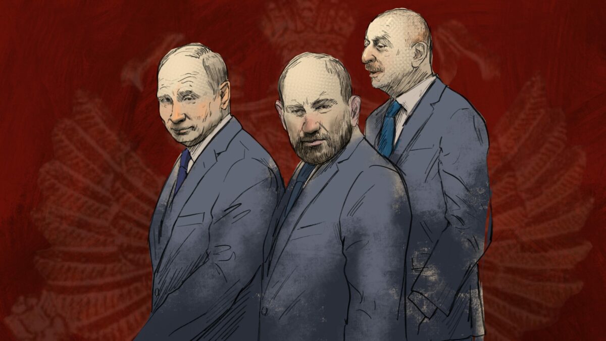 Illustration of Putin, Aliyev and Pashinyan