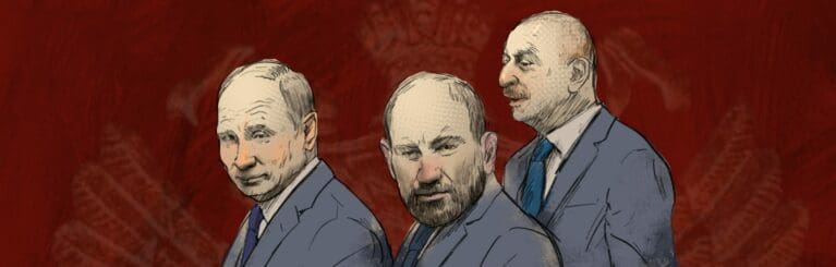 Illustration of Putin, Aliyev and Pashinyan