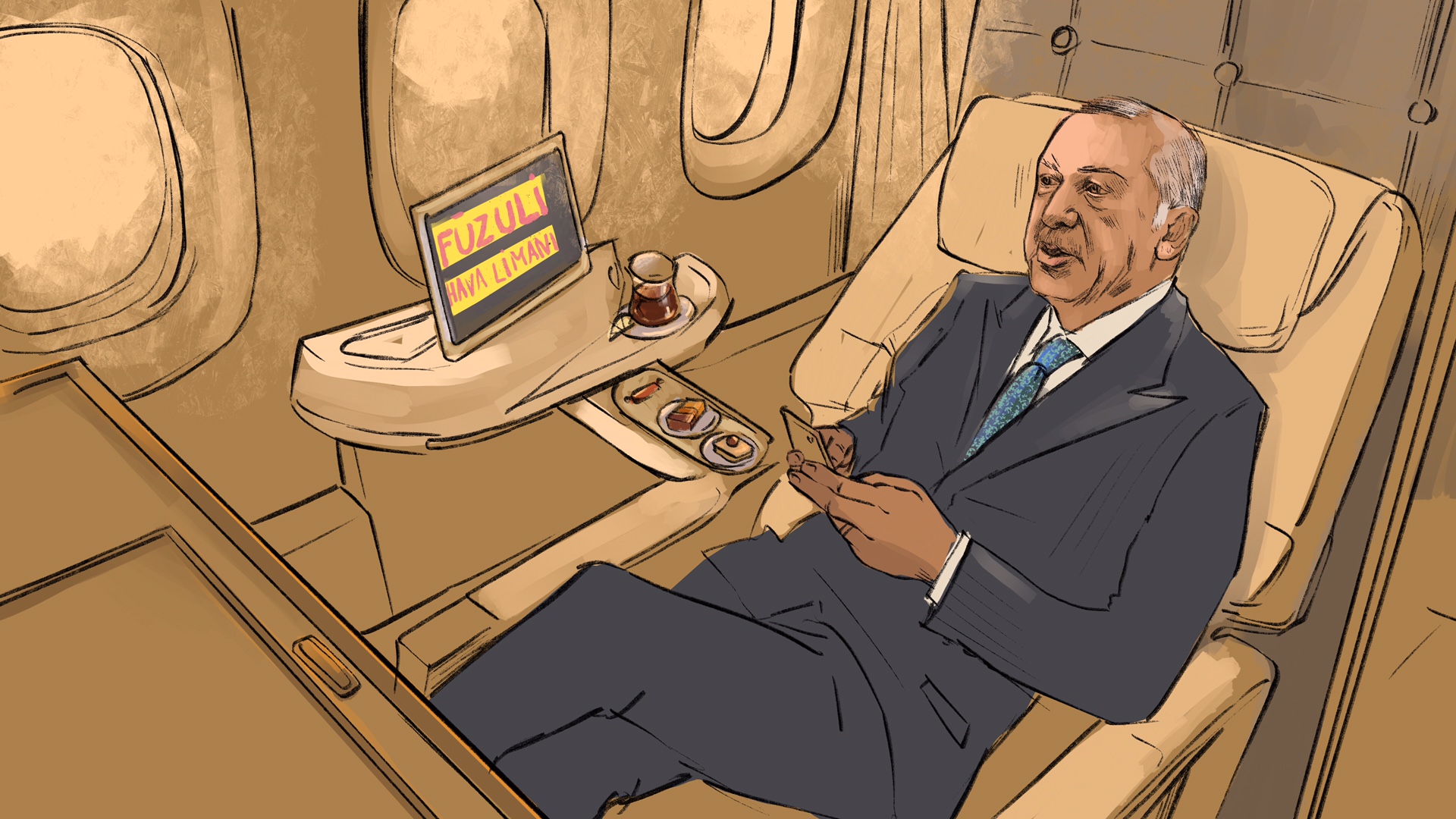 An illustrator's depiction of Turkish President Erdogan traveling to Fuzuli.